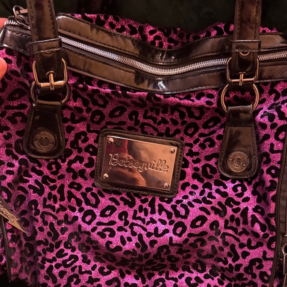 Rare Vintage Betseyville by Betsy Johnson Purple Leopard Print Satchel Handbag - Picture 2 of 6